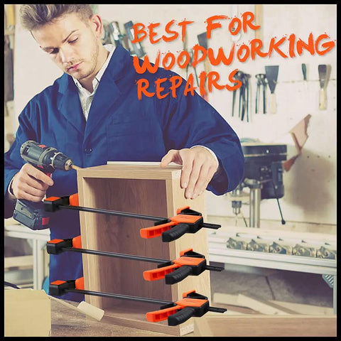 Woodworker using 8 Pack Woodworking Bar Clamps Set Including 4 6 Inch Clamps, 2 12 Inch Clamps And 2 6 Inch Spring Clamps, 150 Lb Load Capacity