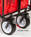 Close-up of wheel mechanism on Collapsible Wagon Cart With Foldable Wheels Portable Trolley For Garden And Beach with double brake feature.