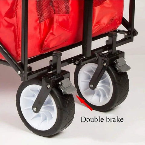 Close-up of wheel mechanism on Collapsible Wagon Cart With Foldable Wheels Portable Trolley For Garden And Beach with double brake feature.