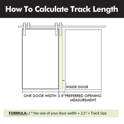 Diagram of track length calculation for Black Rustic Single Track Bypass Sliding Barn Door Hardware Kit For Double Doors 11Ft Flat Track.