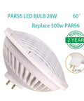 PAR56 LED Bulb Dimmable Replaces 300W Halogen, 28W Low Power 120V AC Warm White, GX16D base, side view with warranty badge