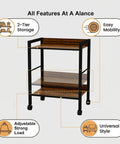Two Tier Rolling Utility Cart With Brown Wood Shelves And Black Metal Frame On Wheels, Features at a Glance