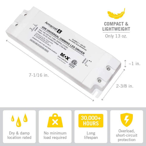 45-Watt Universal Dimmable 12V DC LED Driver With Triac, Flicker-Free Dimming For LED Strips and Puck Lights 840450
