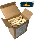 Built Tough Fluted Wood Dowel Pins 1/2 Inch X 2 Inch, 100 Piece Pack in open box showing smooth finish birch wood pegs.