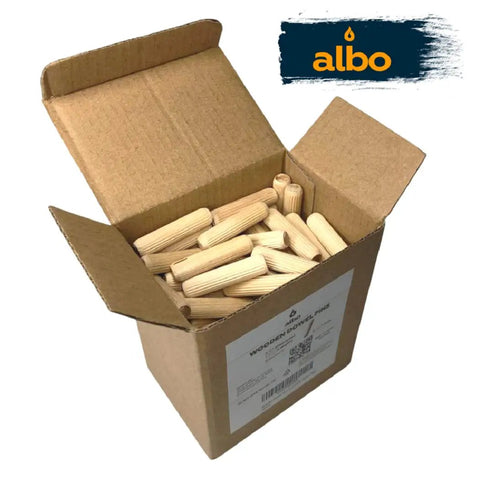 Built Tough Fluted Wood Dowel Pins 1/2 Inch X 2 Inch, 100 Piece Pack in open box showing smooth finish birch wood pegs.