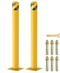 Rock Solid 2 Pack Carbon Steel Security Bollards, Heavy Duty 42 Inch Parking Barrier Posts, yellow with mounting accessories.