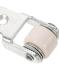 Close-up of a white nylon sliding roller guide wheel mounted on a metal bracket for heavy duty furniture and cabinet drawer tracks.