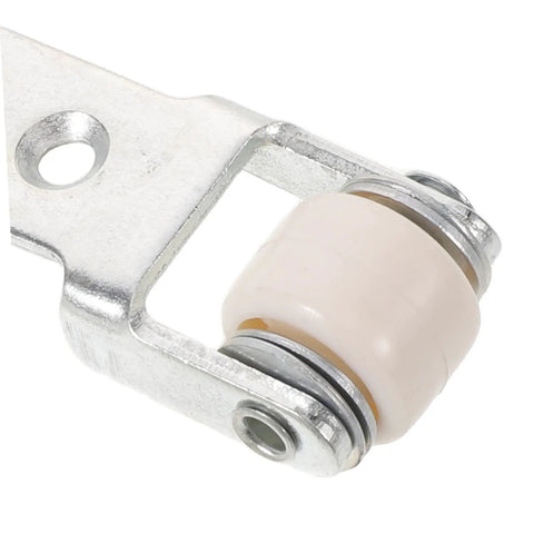 Close-up of a white nylon sliding roller guide wheel mounted on a metal bracket for heavy duty furniture and cabinet drawer tracks.