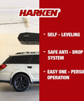 Overhead Garage Hoist System For Lightweight Cargo Carrier To Tuck Kayaks Canoes And Paddle Boards Up High Four Point Hoist 60 LB Max Per Carrier Fits 16 Ft Ceilings Easy One Person Install, shown installed in a garage over a parked car.