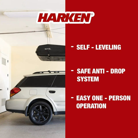 Overhead Garage Hoist System For Lightweight Cargo Carrier To Tuck Kayaks Canoes And Paddle Boards Up High Four Point Hoist 60 LB Max Per Carrier Fits 16 Ft Ceilings Easy One Person Install, shown installed in a garage over a parked car.