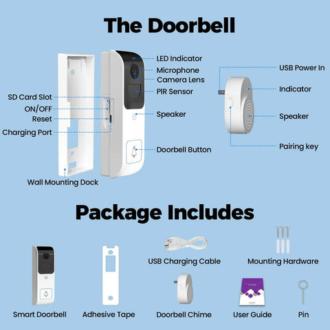 Dual Band Wireless Video Doorbell Camera With 2.4G And 5G Wi Fi, 2 Way Audio, AI Motion Alerts, Instant Alerts, Included Chime, No Monthly Fee, Easy Setup, Battery Powered With Long Battery Life, Works With NVR Or Standalone Security System, wall mount dock and accessories
