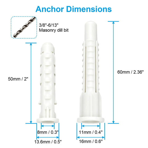 12 Piece Concrete Wall Anchor Set For TV Mounts And Shelves Includes 10x50mm And 10x60mm Expansion Bolts For M7 And M8 Screws Heavy Duty Masonry Mounting Hardware, 50mm and 60mm anchors with drill bit and dimensions