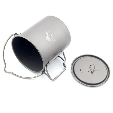 Ultralight Titanium 750ml Pot With Bail Handle For Camping And Backpacking Cookware, lid off, showing interior and handle