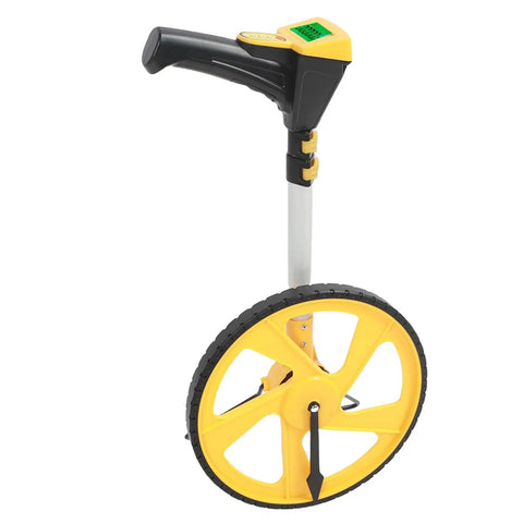 Aramox Digital Measuring Wheel with Backlit LCD 5-Button Control Memory Storage 99999ft Range Collapsible Handle for Surveyors Construction Landscaping close-up view.
