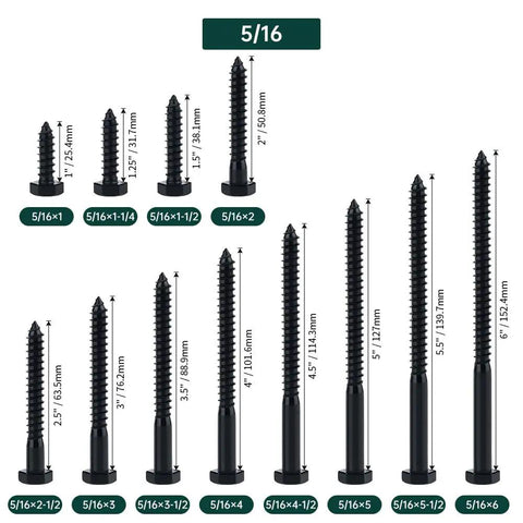 Top Shelf Heavy Duty 5/16 X 1 1/2 Inch Black Oxide Hex Head Lag Screws 304 Stainless Steel 18/8 Full Thread Deck Bolts in various sizes.