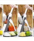 Blue adjustable mandoline slicer with 5-blade vegetable chopper for potatoes, carrots, and cucumbers.