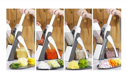 Blue adjustable mandoline slicer with 5-blade vegetable chopper for potatoes, carrots, and cucumbers.