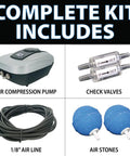 PondAir 2 Complete Aeration Kit For Ponds Up To 1000 Gallons With Whisper Quiet Oxygenation Bubbler System components, including pump, check valves, tubing, and air stones.