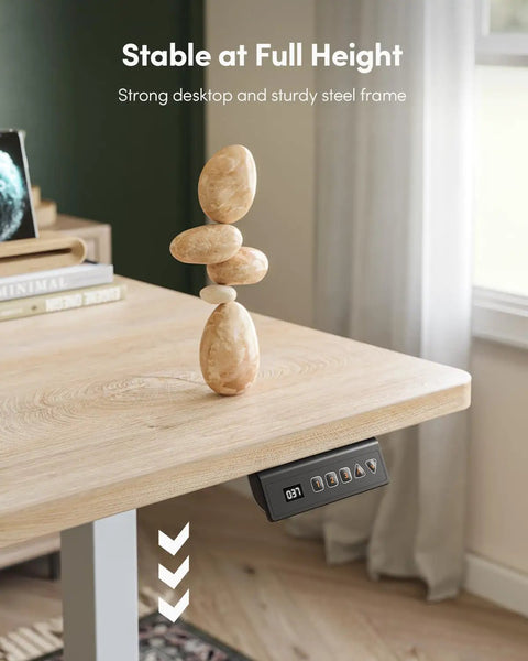 CubiCubi Large Electric Height Adjustable Standing Desk Maple Surface showing control panel and stability at full height.