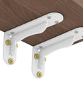 Super Tough White Iron Wall Mount Floating Shelf Brackets With Reinforced Triangle Brace To Haul Heavy Loads Without Breaking A Sweat Includes Complete Mounting Kit, close-up view.