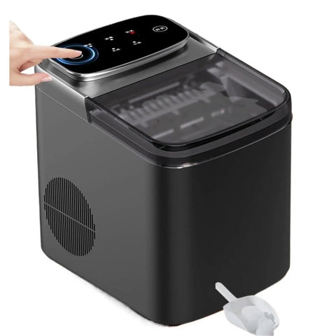Premium Compact Countertop Electric Ice Maker With Effortless Manual And Automatic Settings For Quick Household Ice Production Rv Camper Ready, showcasing user interaction on control panel.