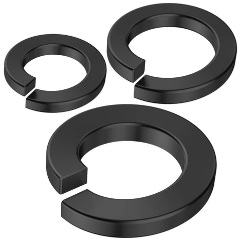 Split lock washer set, black stainless steel, three sizes for screws and bolts (#4–#12, 1/4–1/2 in).