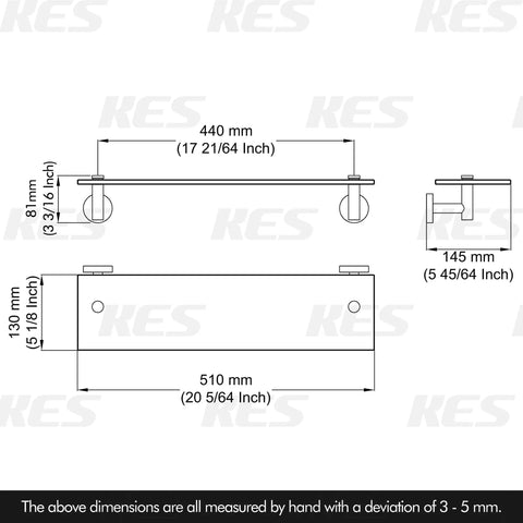 Technical drawing of Glass Bathroom Shelf 20 Inch Rectangular With 8mm Tempered Glass And Rustproof Metal Bracket