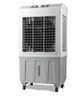 Super Chill Heavy Duty Evaporative Air Cooler With 10000 CFM Flow And 18 Gallon Tank features wheeled base and front air grill.