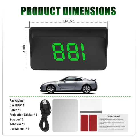 HD Car Heads Up Display With Large Font USB Plug And Play Digital Speedometer dimensions and accessories