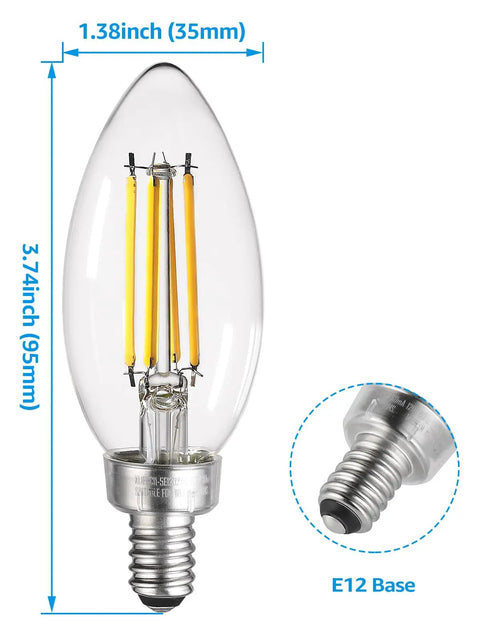 Dimmable E12 LED Candelabra Bulb 60W Equivalent Vintage Chandelier Light Bulbs C11 Filament In Clear Glass 2700K Soft White UL Listed