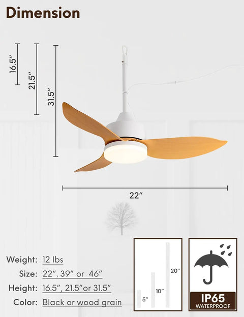 Outdoor Plug In Gazebo Ceiling Fan With Light And Hook IP65 Waterproof Wet Rated Patio Ceiling Fan In Wood Grain Finish 22 Inch