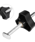 Heavy Duty Quick Acting Hold Down Clamp Set For Ttrack And Tslot Router Tables With M8 Fasteners and a black twist handle.