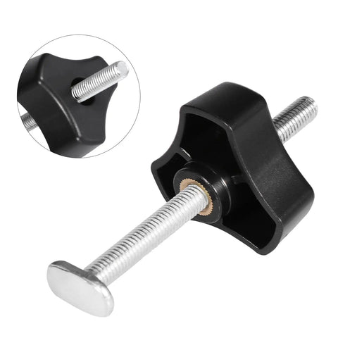 Close-up of Heavy Duty T Track Hold Down Clamps Secure Wooden Boards Dead Tight With Double Cut Profile And Rubber Pads.