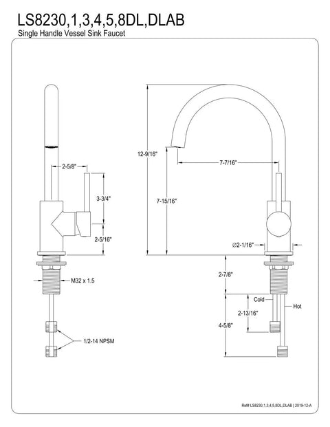 Technical diagram of Concord Go To Single Handle Vessel Faucet Polished Chrome With Solid Brass Construction dimensions