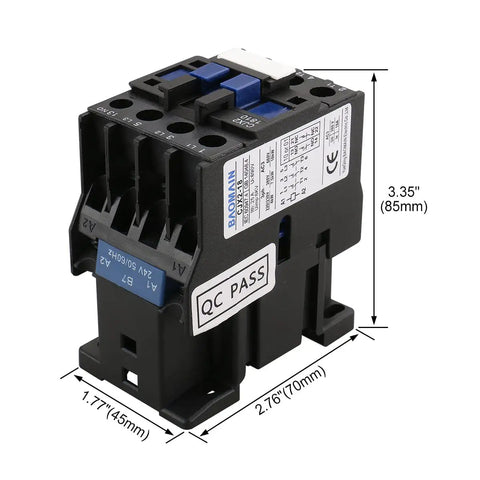 Front view of Beefy 3-Pole AC Contactor CJX2-1810 with 24VAC coil, 660V 3-phase, DIN rail mount, 18A, showing dimensions.