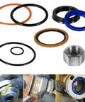Replacement Skid Steer Hydraulic Cylinder Seal Kit For Bobcat 444 500 610 642 643 742 743 753 And More 2 Inch Bore One And A Quarter Inch Rod Heavy Duty OEM Replacement Seals, shown with various O-rings and installation close-ups