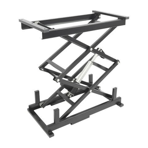 Heavy Duty 24V Electric Scissor Lift Table With 180 Lbs Capacity And Remote Control Featuring Durable Iron Frame For Rugged Jobsite Lifting Tasks - close-up of iron frame and hydraulic system.