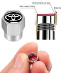 Cross-section of Toyota Tire Valve Stem Caps showing rubber O-ring and brass material, part of a 4 pack aluminum alloy metal covers.