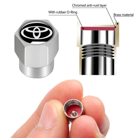 Cross-section of Toyota Tire Valve Stem Caps showing rubber O-ring and brass material, part of a 4 pack aluminum alloy metal covers.