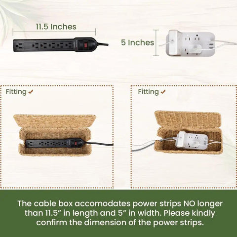 Handmade Rattan Cable Management Box With Two Open Slots For Power Strips Routers And USB Hubs Cord Hider For Clean Minimalist Home Office Setup Natural Finish Patent Protected Design 13 By 5 By 5 Inches with power strips fitting