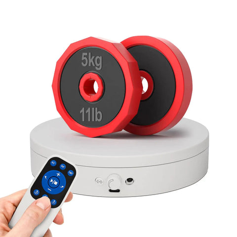 Smooth Spinning 360 Degree Electrical Turntable With Killer Remote Control For Pro Photography And 3D Modeling, Hella Precise Speed And Angle Adjustment, Continuous Step And Swing Modes For Studio Gear Or Retail Display Setup with two red and black 5kg weights.