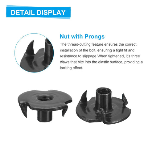 Fifty Piece 8-32 T Nuts Set Featuring Zinc Plated Carbon Steel Construction With Three Pronged Tee Nut Design, detailed view.