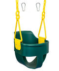 High Back Full Bucket Toddler Swing Seat with Finger Grip and No Pinch Plastic Coated Chains and Carabiners in Bright Green