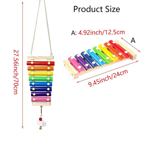 Chicken Xylophone Toy For Hens Hangable Wood Xylophone With Eight Metal Keys and Grinding Stone in Rainbow Color, size details shown