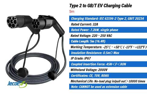 Hella Durable Type 2 Male To GBT EV Charging Cable Straight Shot Wallbox Connector 32 Amps 7kW Single Phase Level 2 Evcord, 16 Feet Long.