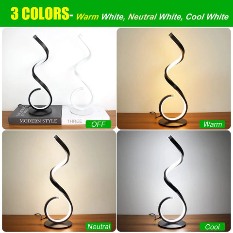 Spiral LED Table Lamp Set Of 2, 10W Dimmable With 3 Color Modes, Modern Nightstand Desk Lamps for office, black finish, warm, neutral, cool light modes
