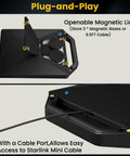 Starlink Mini Magnetic Mount With Protective Silicone Case Two In One Satellite Dish Mount and Cover shown with open lid and cable port for RVs cars boats road trips.