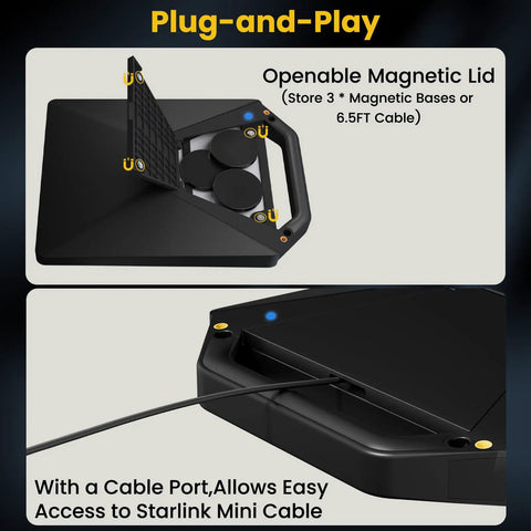 Starlink Mini Magnetic Mount With Protective Silicone Case Two In One Satellite Dish Mount and Cover shown with open lid and cable port for RVs cars boats road trips.