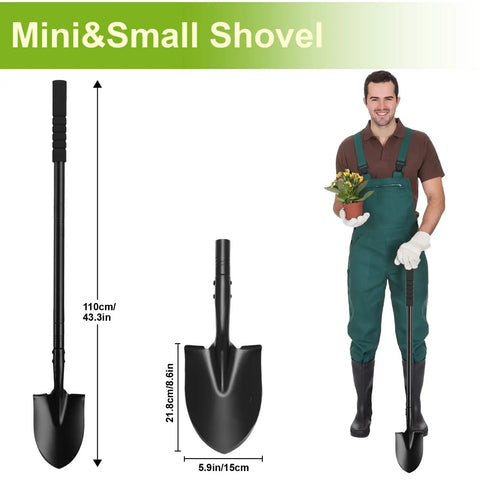 Long Handled Metal Shovel Workhorse For Digging And Gardening 43.3 Inch Heavy Duty Spade Shovel next to man holding plant