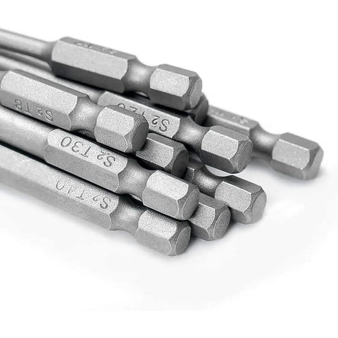 Close-up of the S2 steel hex bits from the Torx Screwdriver Bit Set With Magnetic Quarter Inch Drive, 12 Pieces T6 to T40.
